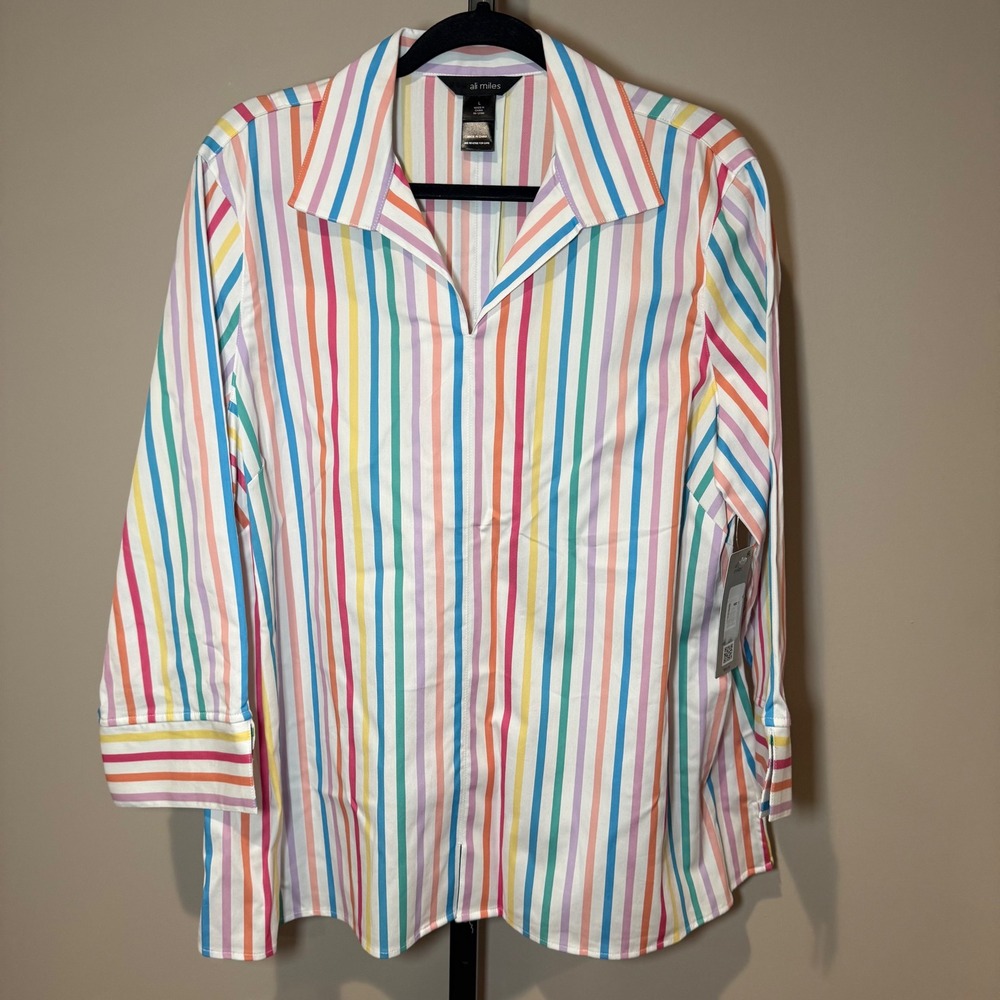 Ali Miles NWT Collared Striped Shirt Pastel Size Large - Picture 2 of 10